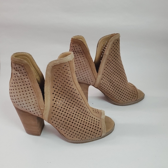 Lucky Brand Larisa Booties Women's 8W Tan Neutral Peep-Toe Leather Block Heel - Picture 3 of 14